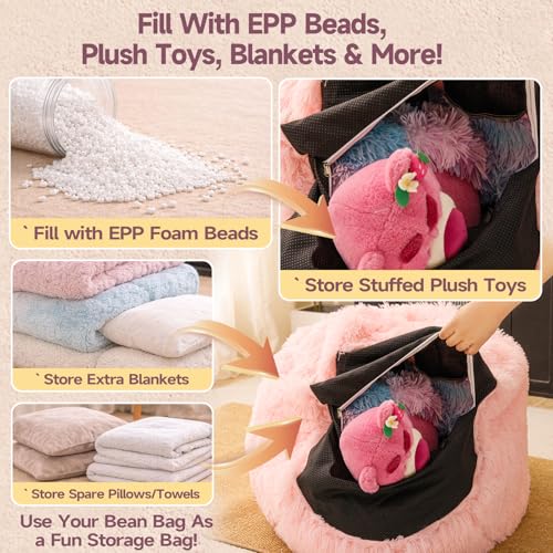 Pink Faux Fur Bean Bag Chair Cover - Plush Shaggy Storage Bean Bag