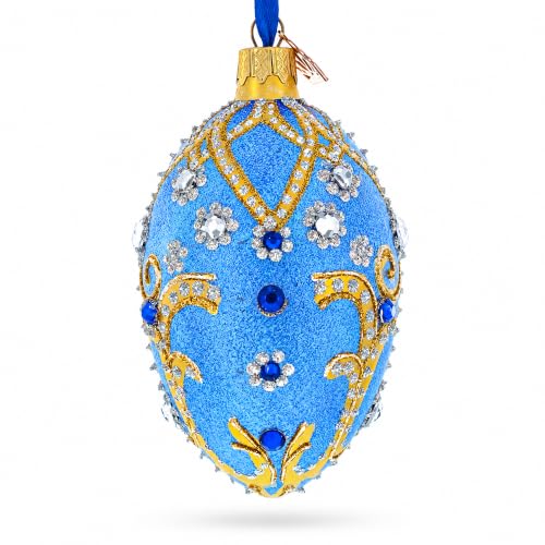 Jewels and Golden Scrolls on Glitter Blue Glass Egg Ornament 4 Inches