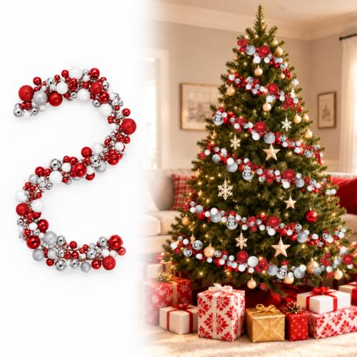 RECUTMS 2-Pack 6 Ft Silver Red White Christmas Garland Ornaments - Shatterproof Decor