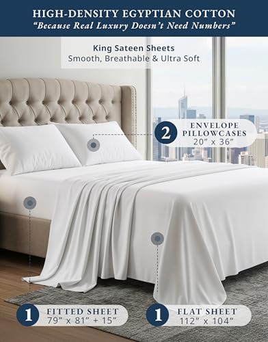 Lane Linen 100% Egyptian Cotton King Sheet Set - Silky Sateen 4-Piece, White