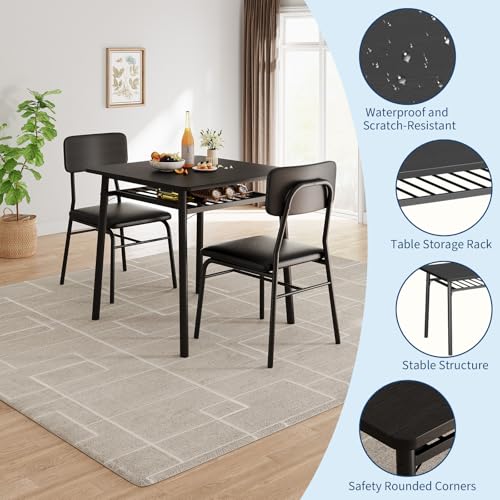 3-Piece Dining Table Set for 2 with Storage Rack and Upholstered Chairs