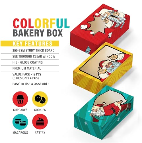 Assorted Colors Christmas Bakery Gift Boxes with Window - 12 Pack