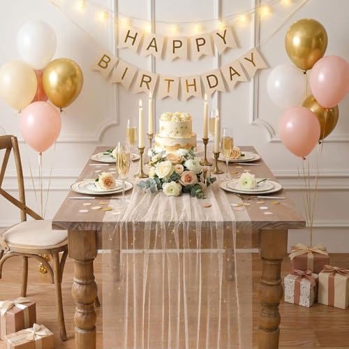 Beige Gold Gauze Table Runner 10ft with Metallic Foil Sparkle – 3pcs, 29x120