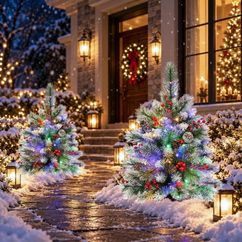 Set of 2 Outdoor Christmas Tree with LED Lights 25.6 Inch Frosted Pine Decor