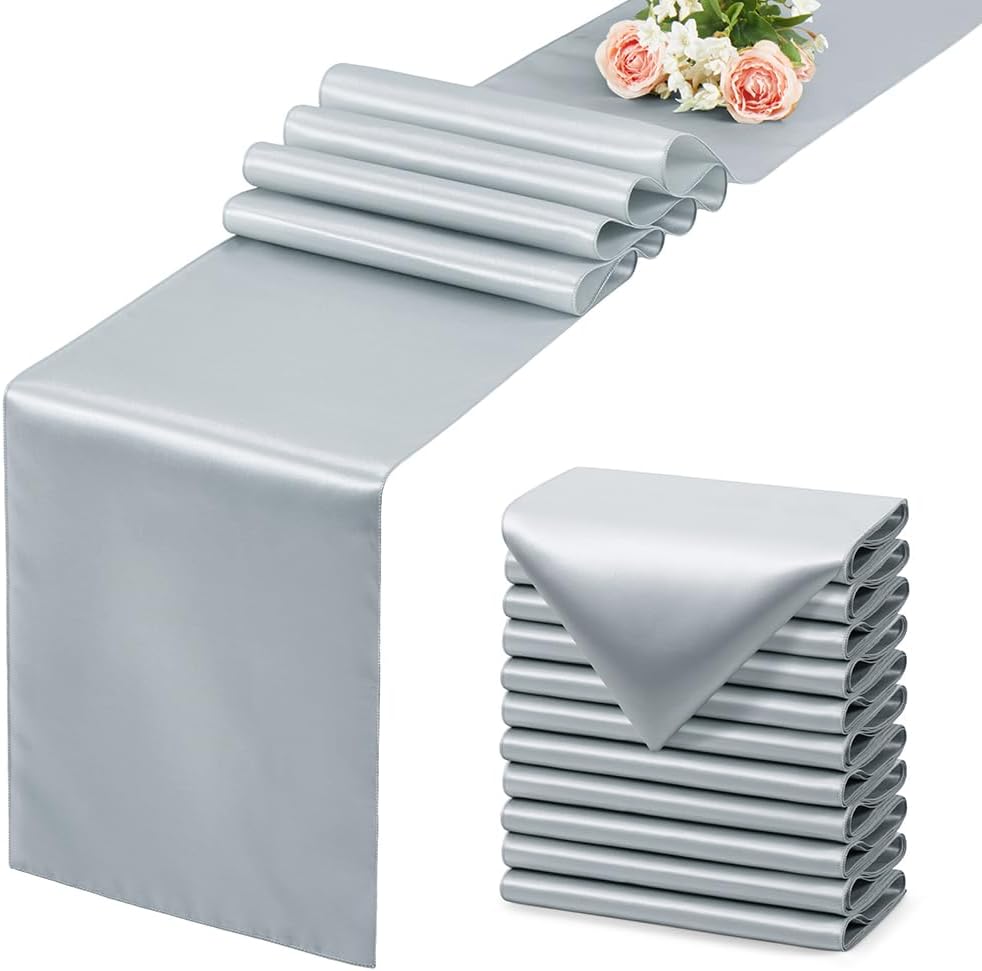 Skiennix Silver Table Runner - Satin Silk-Like Smooth Decor | 12 Pack, 12x108 Inches for Weddings & Parties