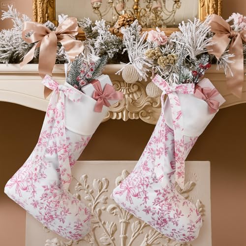 Pink Christmas Stockings Set 4 Pcs 18in Coquette Floral Hanging Decorative Stockings