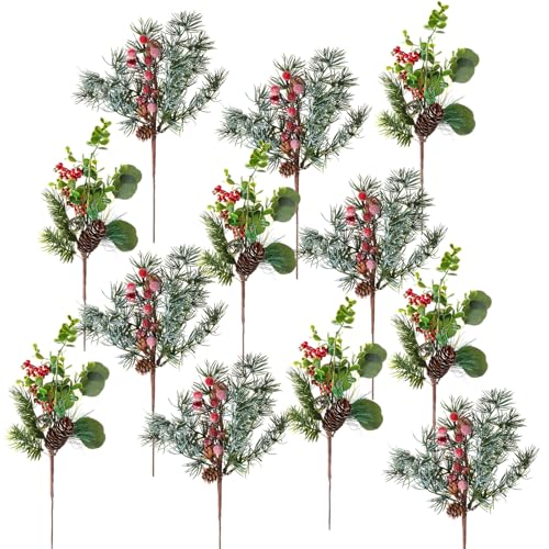 Artificial Christmas Berry Picks - 12 Inch Red Pine Cones & Holly Stems for Holiday Decor