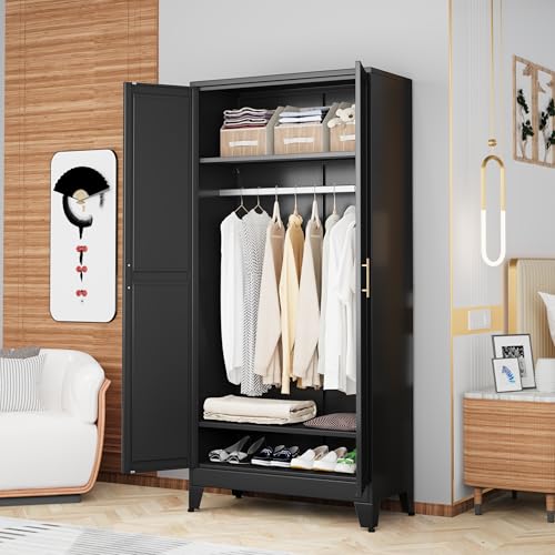71-Inch Metal Wardrobe Closet with Hanging Rod, Shelves, and Drawers