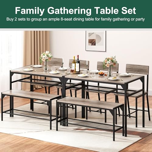 4-Piece Dining Table Set with Bench and Chairs, Oak Gray Small Space Table