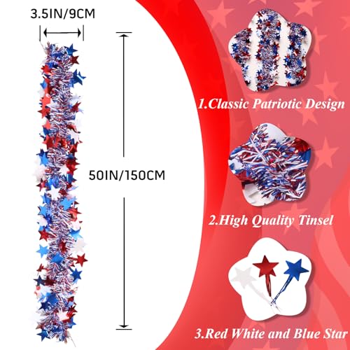 50ft Patriotic 4th of July Tinsel Garland - Red White & Blue Star Decor