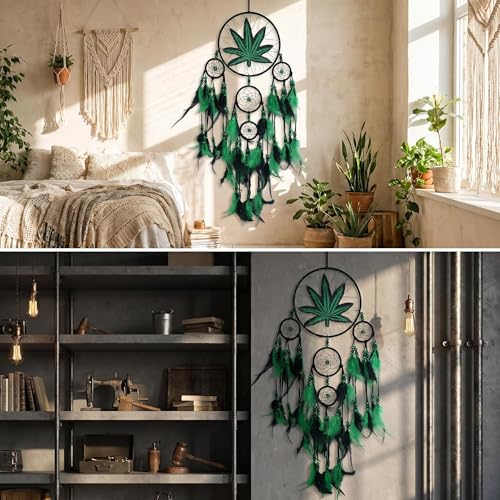 5-Ring Green Leaf Dream Catcher Wall Hanging Bohemian Home Decor