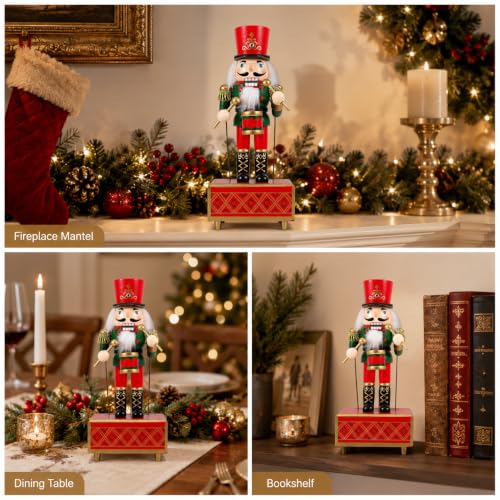 Wooden Nutcracker Music Box - Handmade Christmas Soldier Figurine, 11 Inch Holiday Decor