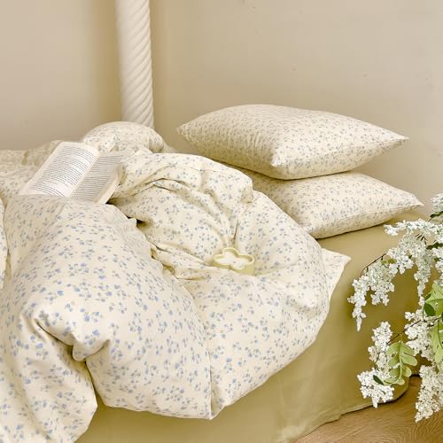 Blue Floral Twin XL Duvet Cover Set, Soft Cotton Double Gauze Bedding