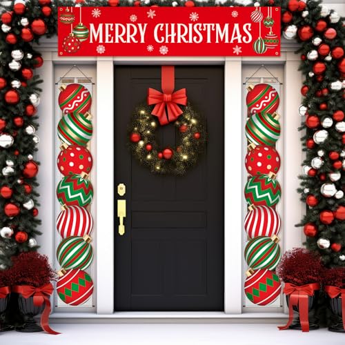 Buryeah 3 Pcs Christmas Door Decorations Outdoor Ball Banner Set - Red & Green