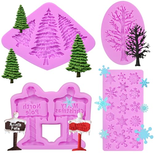 Christmas Tree Silicone Molds 4pc m136 - Pine, Snowflake & Fir Fondant & Chocolate Molds