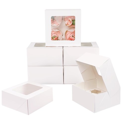 qiqee Auto-pop Up 4 Cupcake Boxes with Window White 30 Packs Cupcake Box 6.3"x6.3"x3" Bakery Boxes For Cupcakes Carrier, Cupcake Containers
