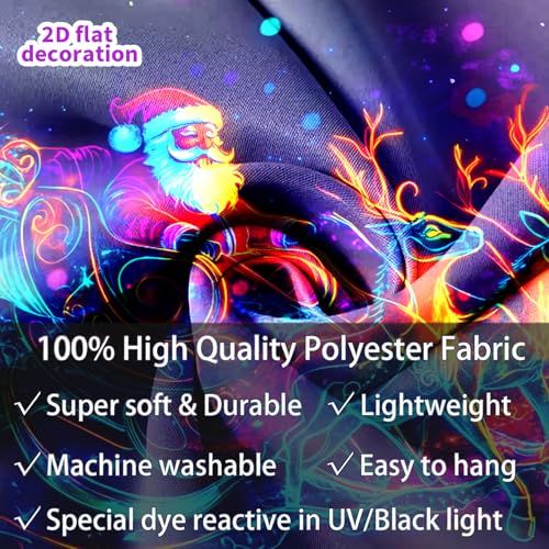 Black Light Tapestry – Merry Christmas UV Reactive Wall Hanging, Santa & Elk, 79x59 Unframed