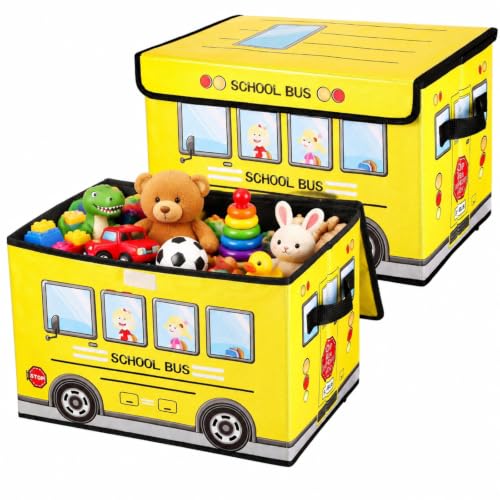 2 Pcs School Bus Toy Storage Chest with Lid - Foldable Classroom Prize Box