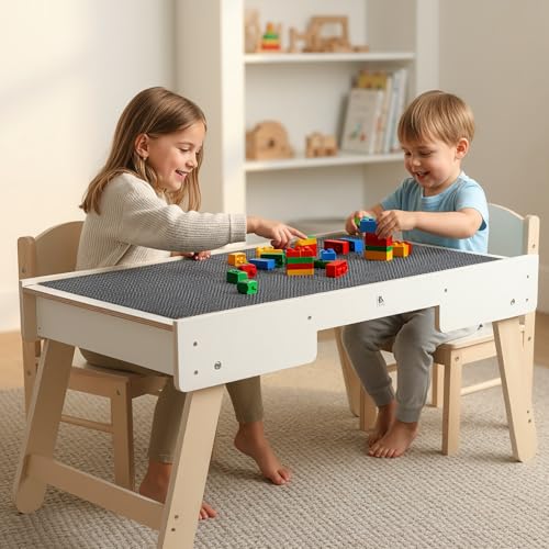 3-in-1 Wooden Kids Activity Table with Storage and Reversible Building Board