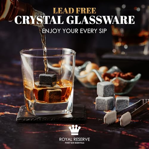 Royal Reserve Whiskey Glass Set with Classic Glasses and Chilling Rocks - Gift for Men & Dad