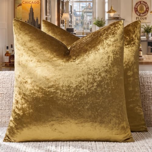 GIGIZAZA Gold Velvet Throw Pillow Covers 18x18, Pack of 2 Soft Cushion Covers