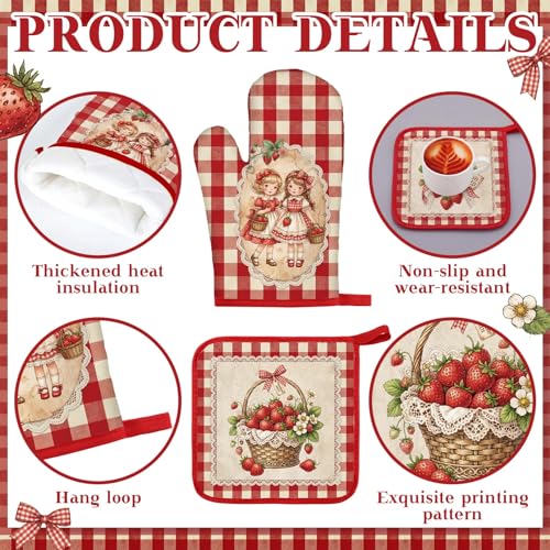 10-Piece Rustic Strawberry Kitchen Decor Set with Towels, Rugs, and Mitts
