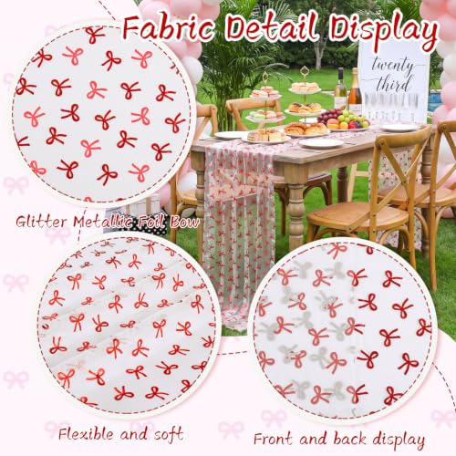 Beige Red Bow Tulle Table Runner 29x120 Inch Elegant Wedding Decor