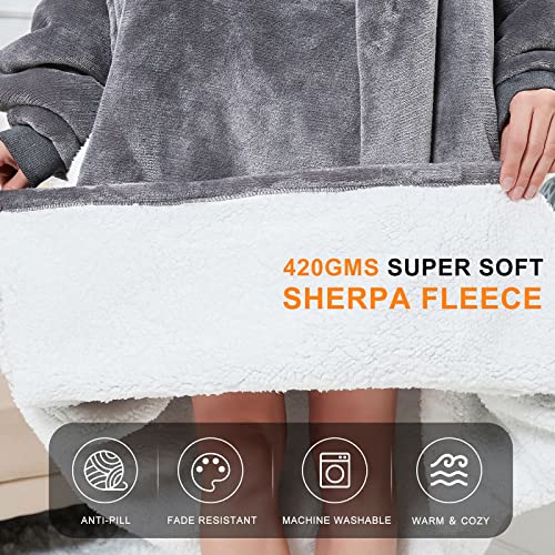 Oversized Wearable Blanket Hoodie with Giant Pet Pouch - Grey Sherpa
