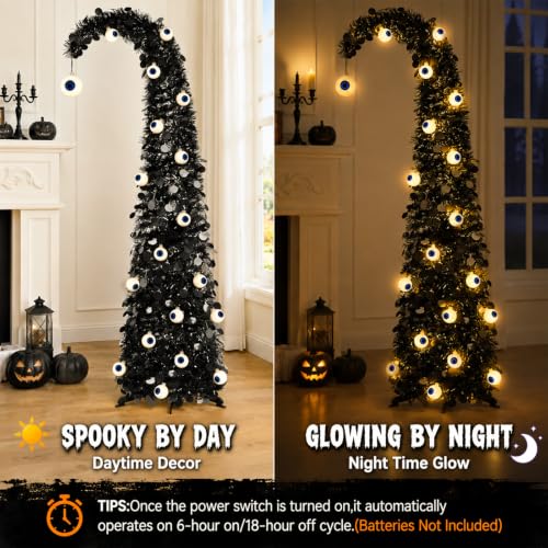 5FT Black Pop-Up Halloween Tree with Eyeball String Lights & Timer