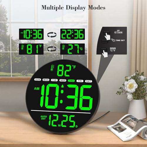 Large Digital LED Wall Clock with Temperature, Date, and 5-Level Dimmer
