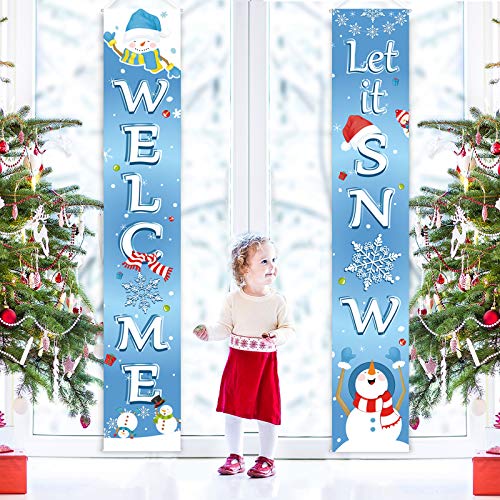 Blulu Let It Snow Welcome Front Door Porch Sign - Christmas Decoration Banner (Light Blue)