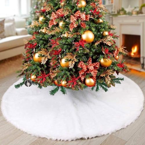 48-Inch White Faux Fur Christmas Tree Skirt - Soft Plush Holiday Decor