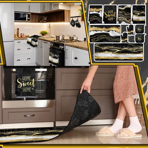 10-Piece Marble Farmhouse Kitchen Decor Set: Towels, Rugs, Mitts & Holders