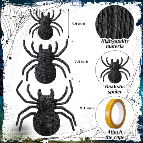 Woven Rattan Spider Halloween Decor - Handcrafted 3-Piece Black Rustic Set