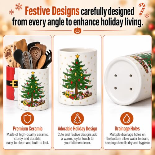 FoldTier Christmas Utensil Holder Set with Santa Belt & Christmas Tree Designs - Kitchen Decor, 2 Pcs, Holiday Gift