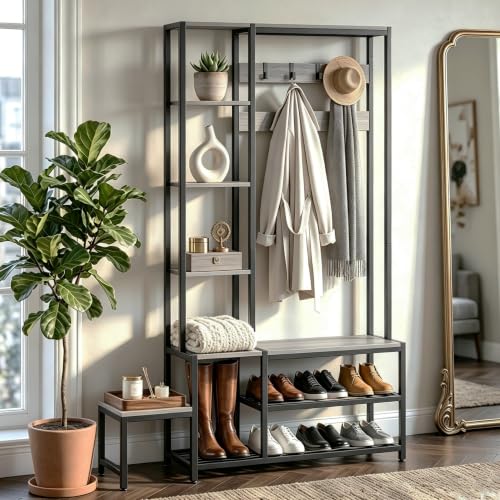 Industrial Hall Tree with Shoe Storage Bench and 7-Hook Coat Rack - Grey