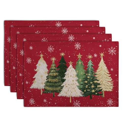 Wnoesat Red Christmas Tree Placemat Set of 4, 12x18 Inch Linen Holiday Decor