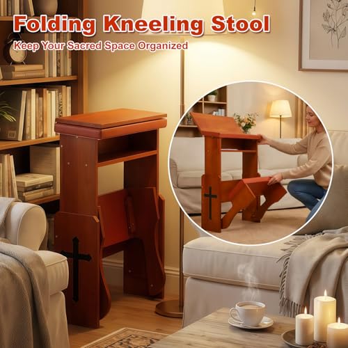 Folding Prayer Kneeler Bench with Bookshelf - Adjustable Wooden Prayer Stool