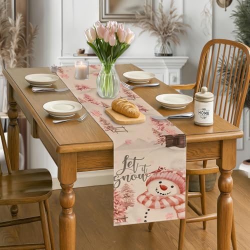 CHAIYA 13x72 Inch Xmas Tree Runner Let It Snow Pink Snowman Holiday Table Runner