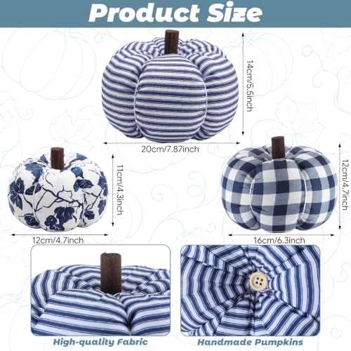 3-Piece Blue and White Fabric Pumpkin Set for Farmhouse Fall Decor