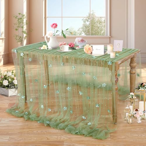 Sage Green Pearl Tulle Tablecloth 120x60 Inch for Wedding - 1Pcs Sage Flower Overlay