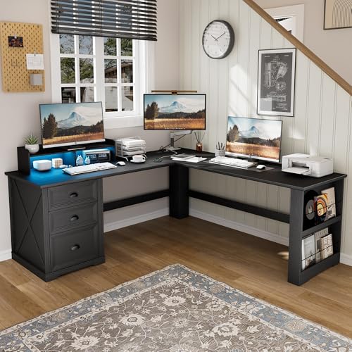 59-Inch L-Shaped Computer Desk with Drawers, LED Lights & Charging Station