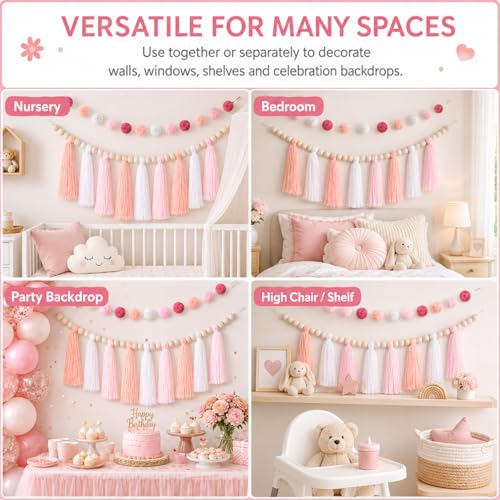 Boho Tassel and Pom Pom Garland Set - 3 Piece Wall Decor for Nursery