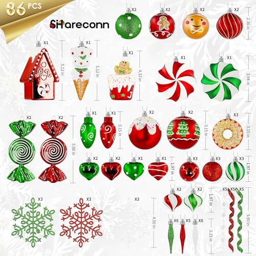 SHareconn 86Pcs Christmas Tree Ornaments Set – Shatterproof Red, Green & White Ball Baubles
