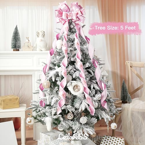 Pink Christmas Tree Topper Bow - 13x53 Inch Large Ribbon Bow with Streamers
