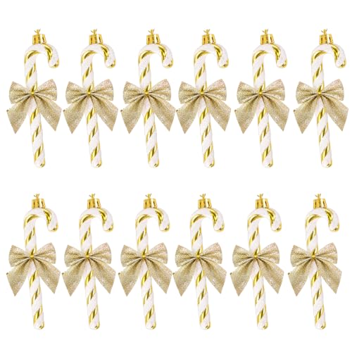 Gold and White Glitter Candy Cane Ornaments - 12pcs Christmas Tree Decorations with Bows