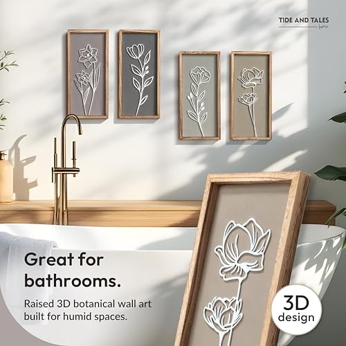3D Floral Framed Wall Art Set, 4-Piece Wooden Botanical Boho Decor