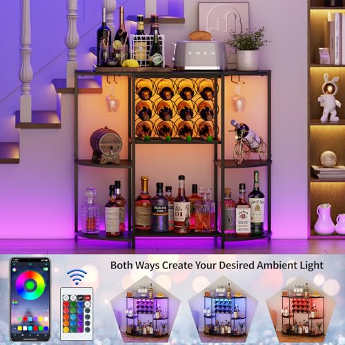 3-Tier Wine Bar Cabinet with Smart LED Lights & Glass Holder - Black