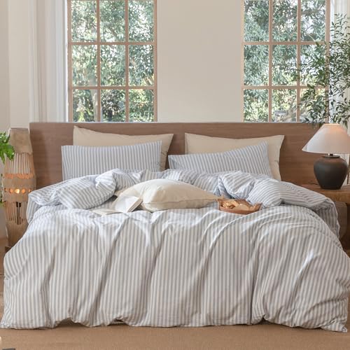 100% Washed Cotton Striped Duvet Cover Set - Queen Soft Linen Texture Bedding