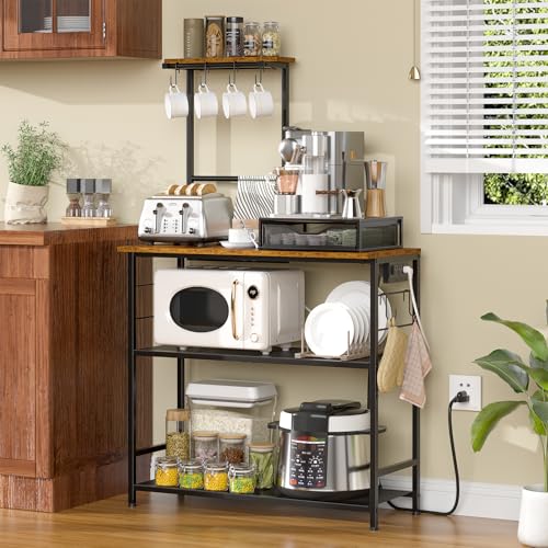 4-Tier Bakers Rack with Power Outlet, 33-Inch Microwave Stand & Coffee Bar